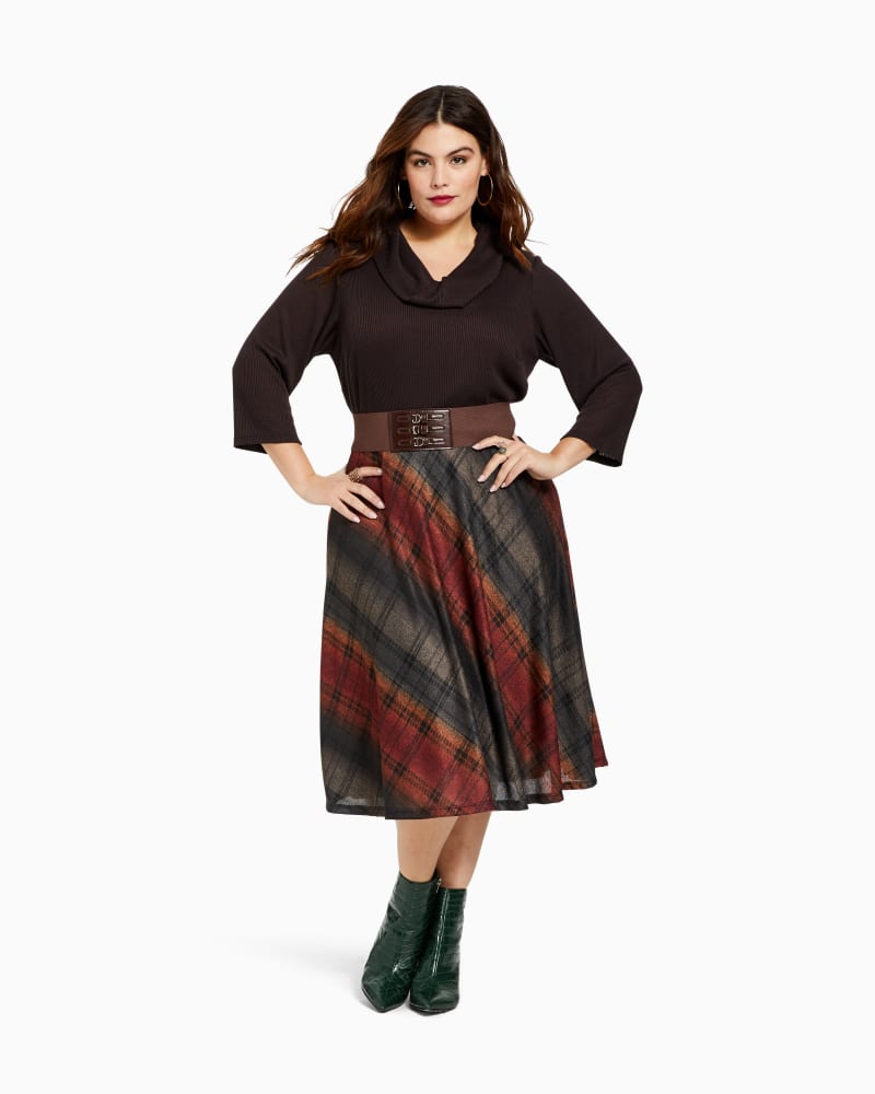 Plus size model with pear body shape wearing Pierre Belted Sweater Dress by Robbie Bee | Dia&Co | dia_product_style_image_id:111908